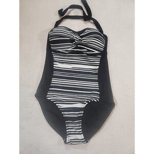 Merona Black/White One Piece‎ Swimsuit sz S Flattering Lines Halter Neckties